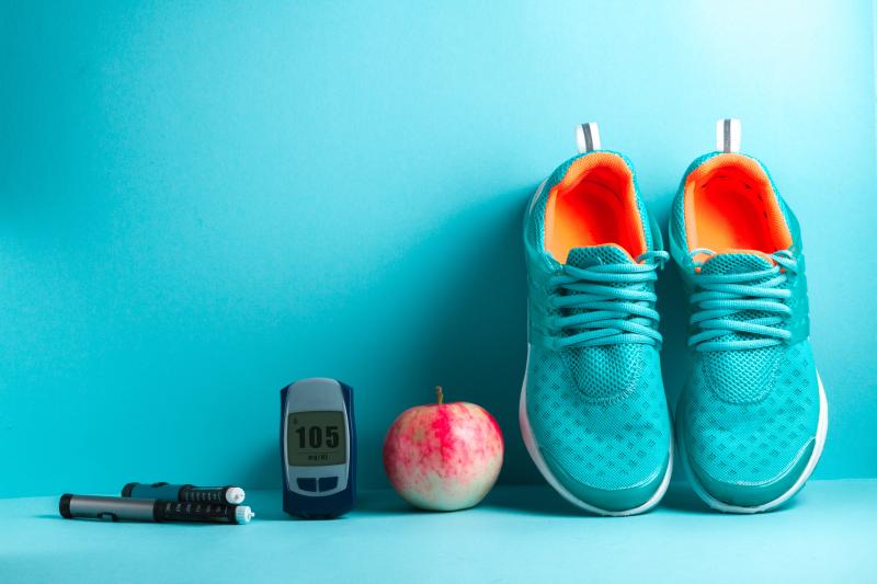Trainig shoes, fruit and diabetic testing kit